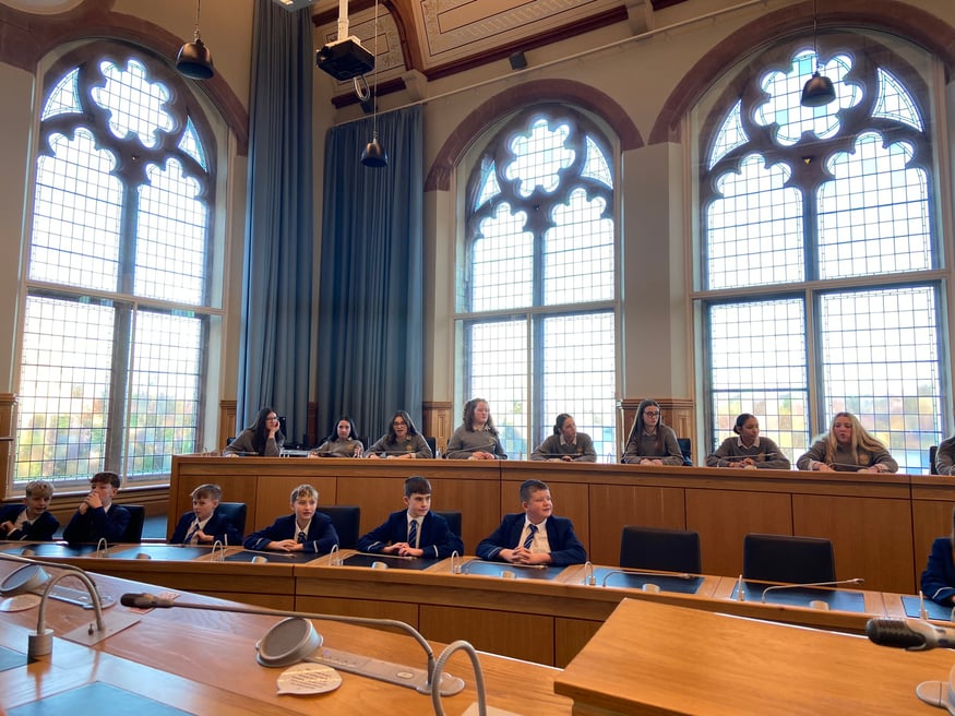 Pupils from St Columba’s College Stranorlar & Strabane Academy engaging in a mock debate in the Guildhall council chamber.