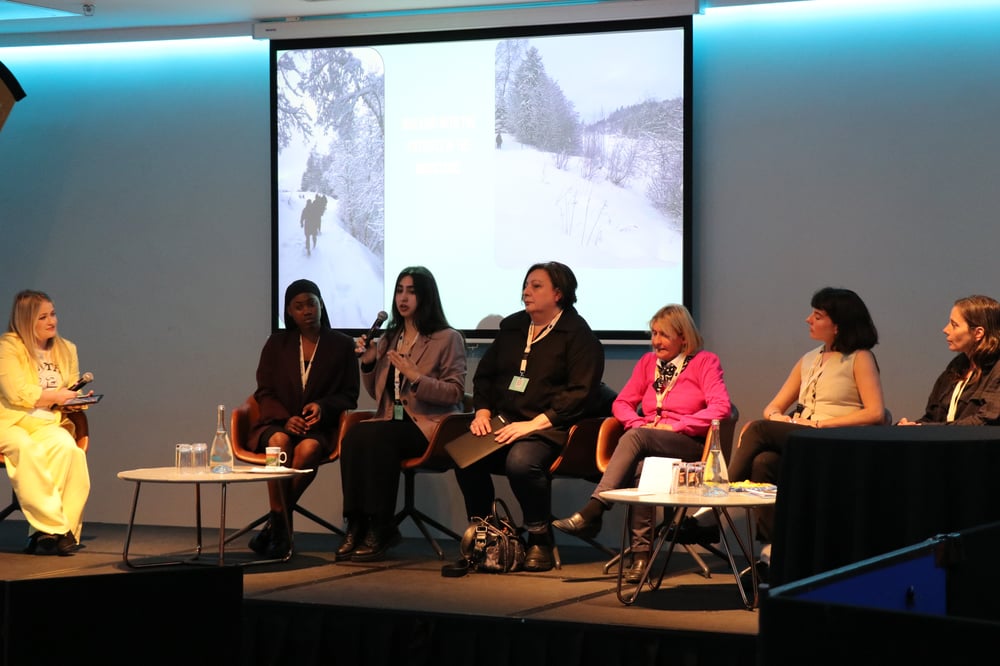 From left to right, radio presenter Michaela Hayes, Abigail Fonlari, Nisa Aga, Sally Galiana, Aisling Brown, Amy Ennis, and Lisa Downes.